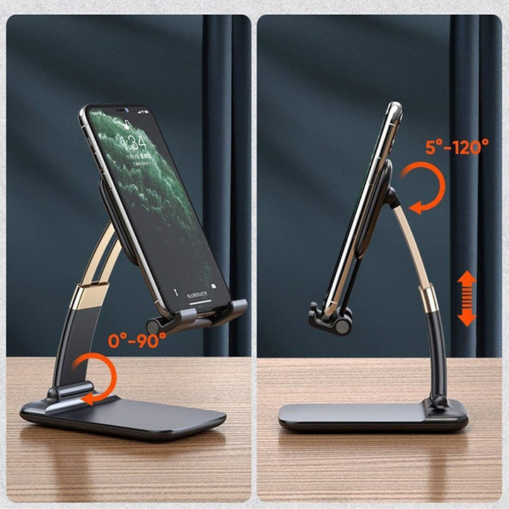 Justerbar og foldbar bordholder til smartphone, sort aluminium, minimalistisk design, velegnet til hjemmet og rejser.