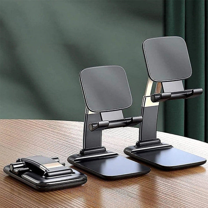 Justerbar og foldbar bordholder til smartphone, sort aluminium, minimalistisk design, velegnet til hjemmet og rejser.