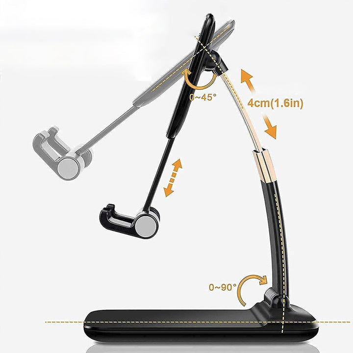Justerbar og foldbar bordholder til smartphone, sort aluminium, minimalistisk design, velegnet til hjemmet og rejser.