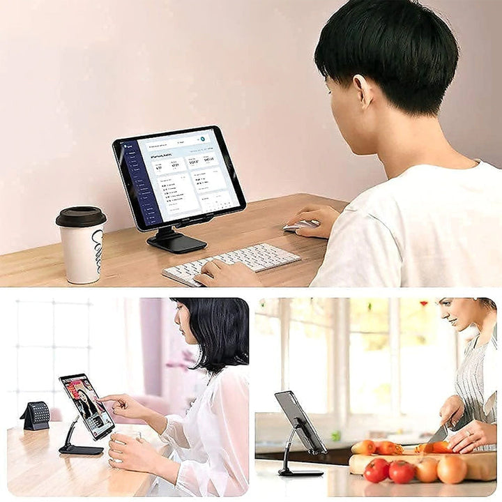 Justerbar og foldbar bordholder til smartphone, sort aluminium, minimalistisk design, velegnet til hjemmet og rejser.