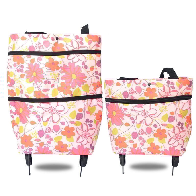 "Taitettava ostoskassi, jossa piilotetut pyörät, oranssi väri, suuri kapasiteetti 20 kg, metallituella, monikäyttöinen."