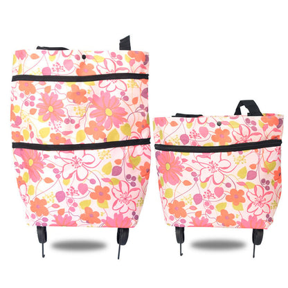 "Taitettava ostoskassi, jossa piilotetut pyörät, oranssi väri, suuri kapasiteetti 20 kg, metallituella, monikäyttöinen."