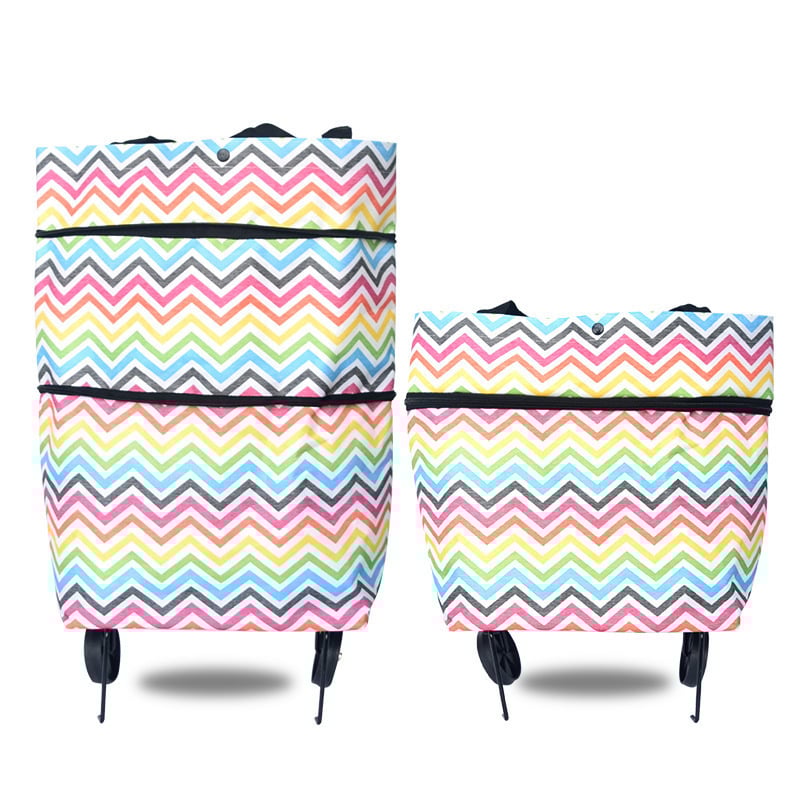 "Taitettava ostoskassi, jossa piilotetut pyörät, oranssi väri, suuri kapasiteetti 20 kg, metallituella, monikäyttöinen."