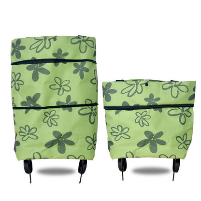 "Taitettava ostoskassi, jossa piilotetut pyörät, oranssi väri, suuri kapasiteetti 20 kg, metallituella, monikäyttöinen."