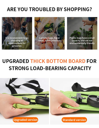 "Taitettava ostoskassi, jossa piilotetut pyörät, oranssi väri, suuri kapasiteetti 20 kg, metallituella, monikäyttöinen."