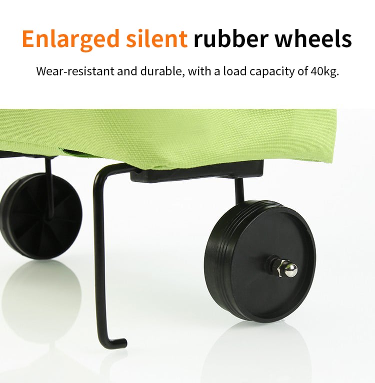 "Taitettava ostoskassi, jossa piilotetut pyörät, oranssi väri, suuri kapasiteetti 20 kg, metallituella, monikäyttöinen."