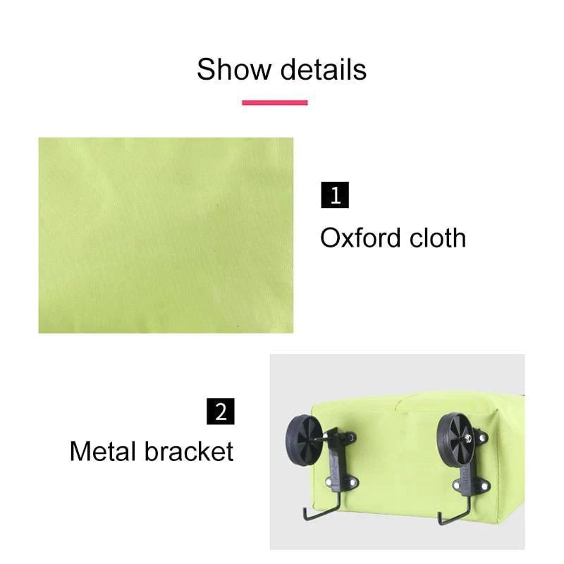 "Taitettava ostoskassi, jossa piilotetut pyörät, oranssi väri, suuri kapasiteetti 20 kg, metallituella, monikäyttöinen."