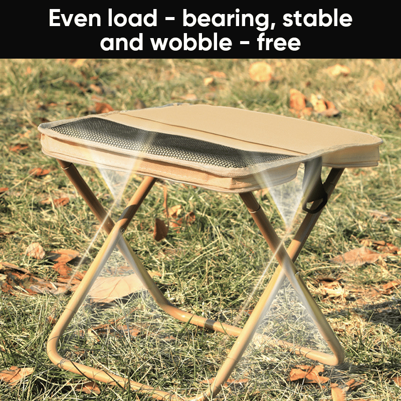 Foldable backpack stool for outdoor use, compact and durable, in Khaki, suitable for hiking and fishing, supports 150 kg.