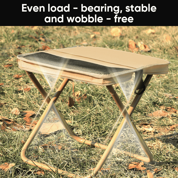 Foldable backpack stool for outdoor use, compact and durable, in Khaki, suitable for hiking and fishing, supports 150 kg.
