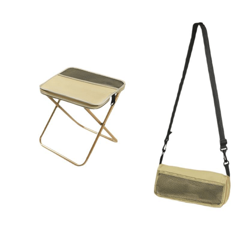 Foldable backpack stool for outdoor use, compact and durable, in Khaki, suitable for hiking and fishing, supports 150 kg.