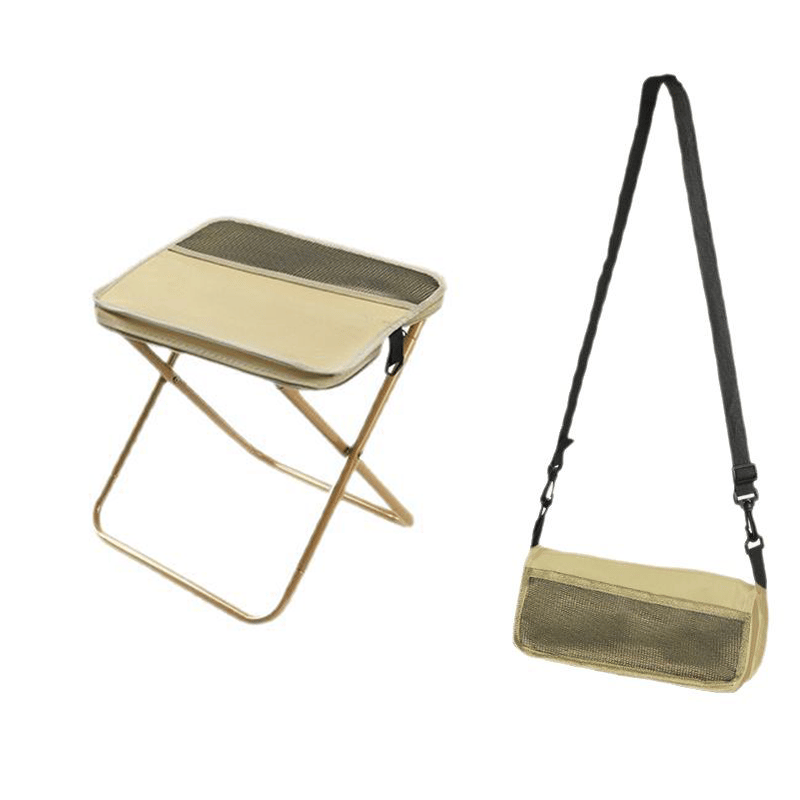Foldable backpack stool for outdoor use, compact and durable, in Khaki, suitable for hiking and fishing, supports 150 kg.