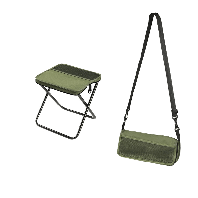 Foldable backpack stool for outdoor use, compact and durable, in Khaki, suitable for hiking and fishing, supports 150 kg.