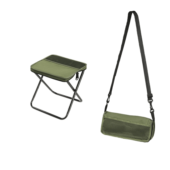 Foldable backpack stool for outdoor use, compact and durable, in Khaki, suitable for hiking and fishing, supports 150 kg.