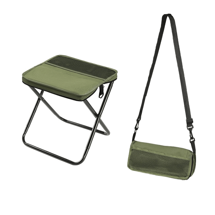 Foldable backpack stool for outdoor use, compact and durable, in Khaki, suitable for hiking and fishing, supports 150 kg.
