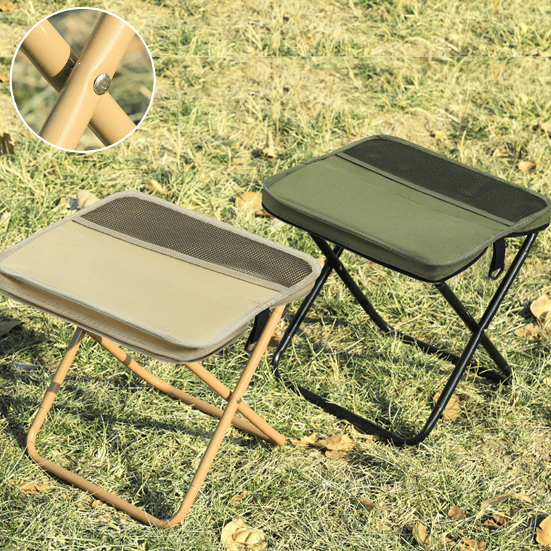 Foldable backpack stool for outdoor use, compact and durable, in Khaki, suitable for hiking and fishing, supports 150 kg.