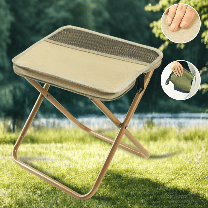 Foldable backpack stool for outdoor use, compact and durable, in Khaki, suitable for hiking and fishing, supports 150 kg.