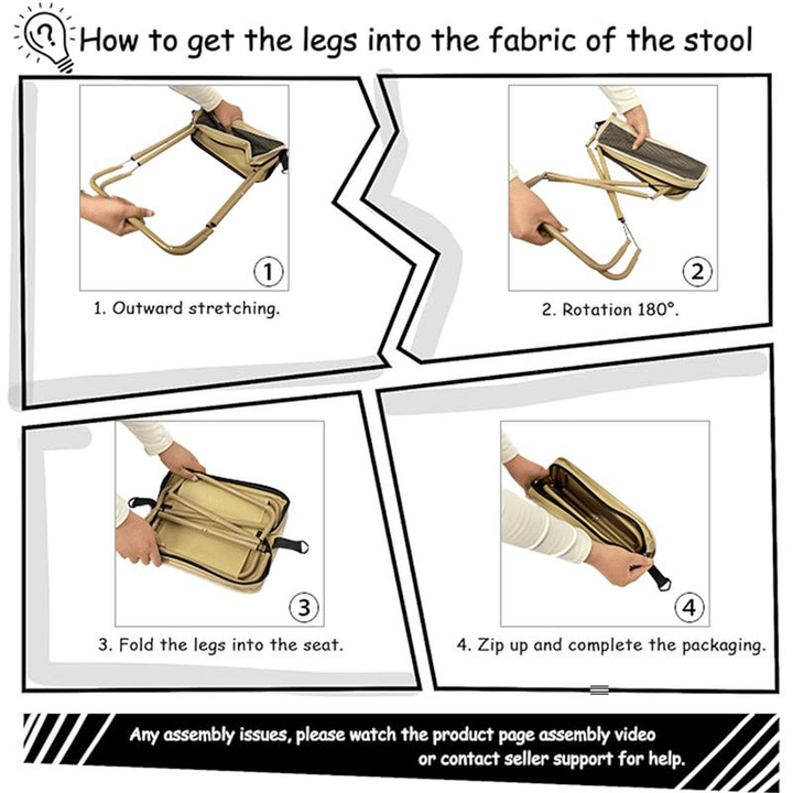 Foldable backpack stool for outdoor use, compact and durable, in Khaki, suitable for hiking and fishing, supports 150 kg.