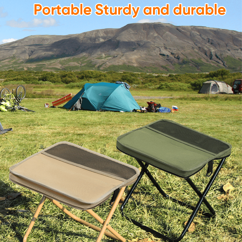 Foldable backpack stool for outdoor use, compact and durable, in Khaki, suitable for hiking and fishing, supports 150 kg.