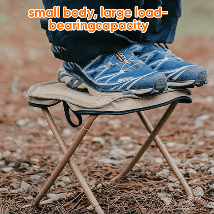 Foldable backpack stool for outdoor use, compact and durable, in Khaki, suitable for hiking and fishing, supports 150 kg.
