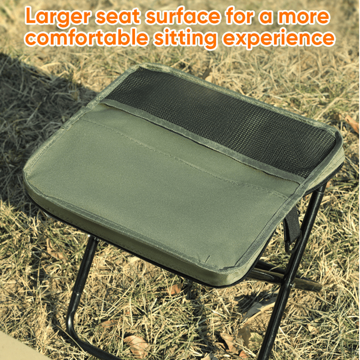 Foldable backpack stool for outdoor use, compact and durable, in Khaki, suitable for hiking and fishing, supports 150 kg.