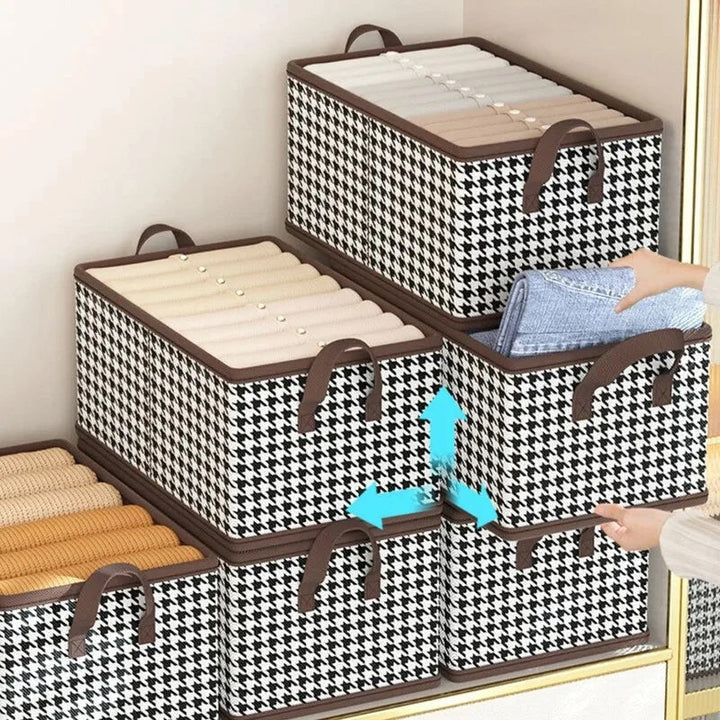 Sammenklappelig opbevaringsboks til garderobe, robust, 40x28x20 cm, grå, dobbelt håndtag, pladsbesparende.
