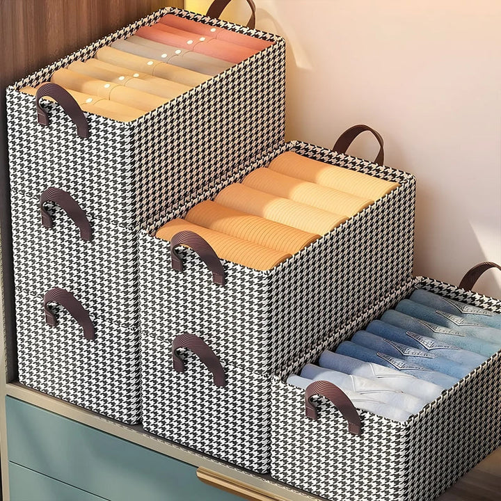 Sammenklappelig opbevaringsboks til garderobe, robust, 40x28x20 cm, grå, dobbelt håndtag, pladsbesparende.