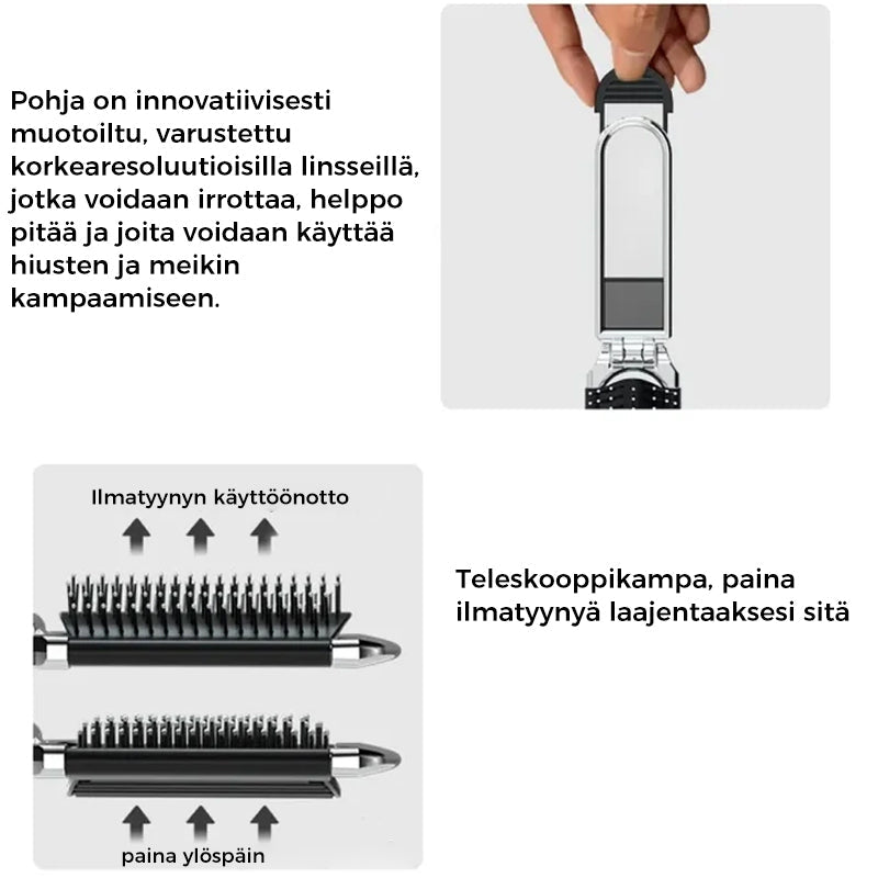 Sammenklappelig hårbørste med spejl, pladsbesparende, let og sort, perfekt til rejser og hverdagsbrug.