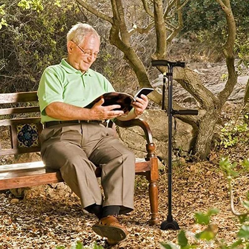 Sammenklappelig smart rollator til ældre, LED-lys, firfod, ergonomisk T-greb, justerbar teleskopstang, gummikappe.