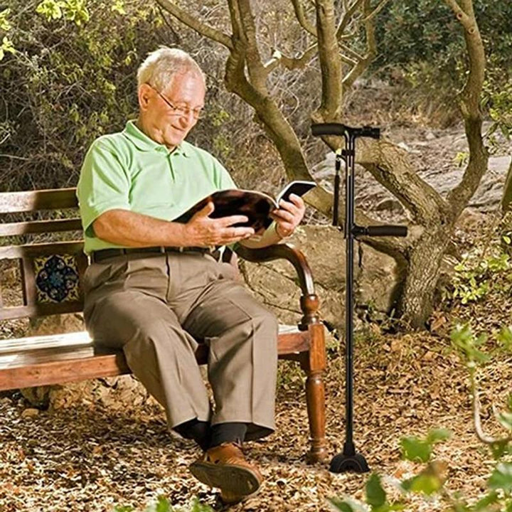 Sammenklappelig smart rollator til ældre, LED-lys, firfod, ergonomisk T-greb, justerbar teleskopstang, gummikappe.