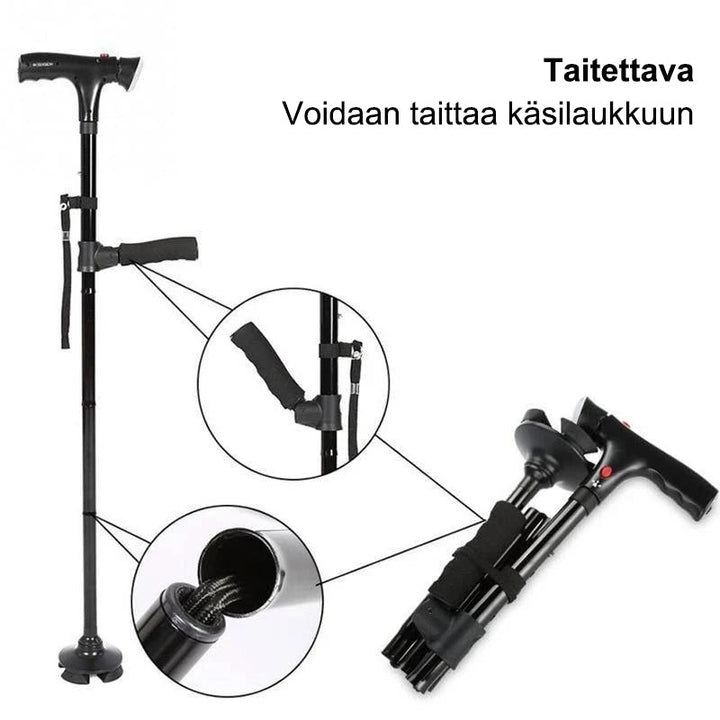 Sammenklappelig smart rollator til ældre, LED-lys, firfod, ergonomisk T-greb, justerbar teleskopstang, gummikappe.