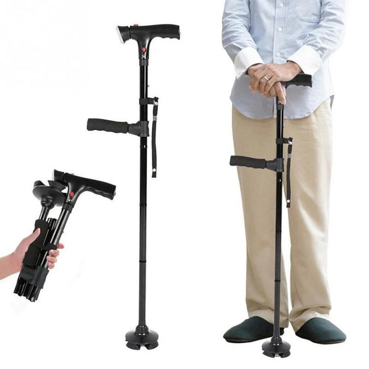 Sammenklappelig smart rollator til ældre, LED-lys, firfod, ergonomisk T-greb, justerbar teleskopstang, gummikappe.