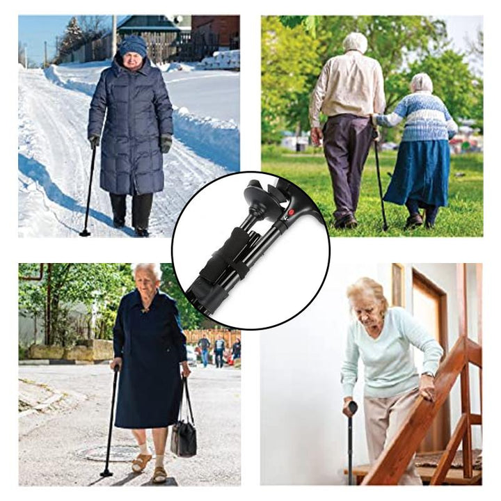 Sammenklappelig smart rollator til ældre, LED-lys, firfod, ergonomisk T-greb, justerbar teleskopstang, gummikappe.