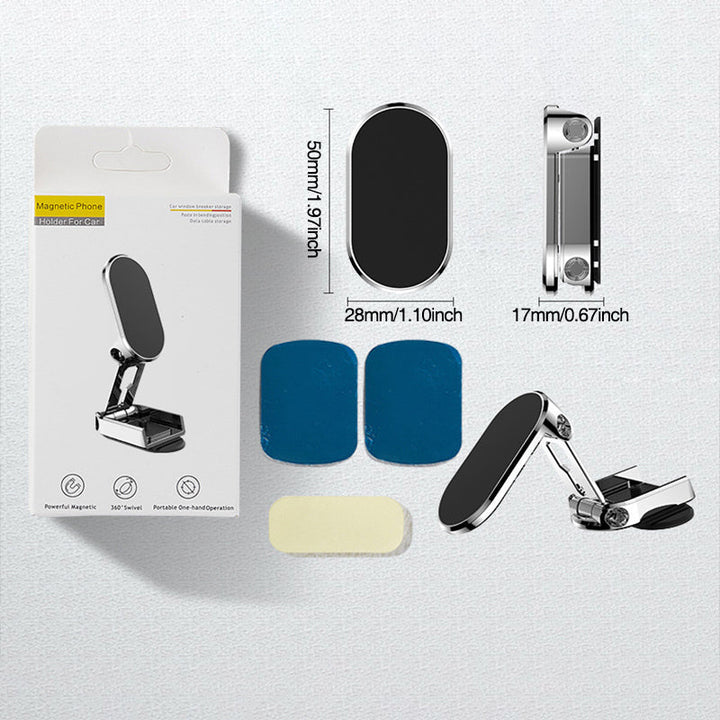 Foldbar metal bil telefonholder i sort, universel magnetisk fastgørelse, moderne og stilfuldt design.
