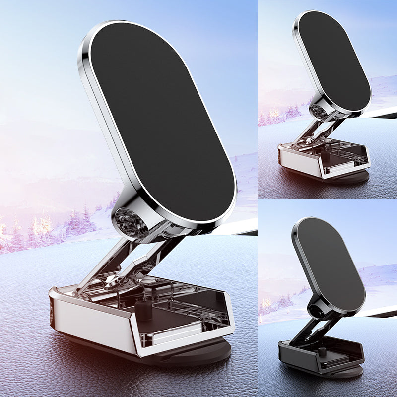 Foldbar metal bil telefonholder i sort, universel magnetisk fastgørelse, moderne og stilfuldt design.