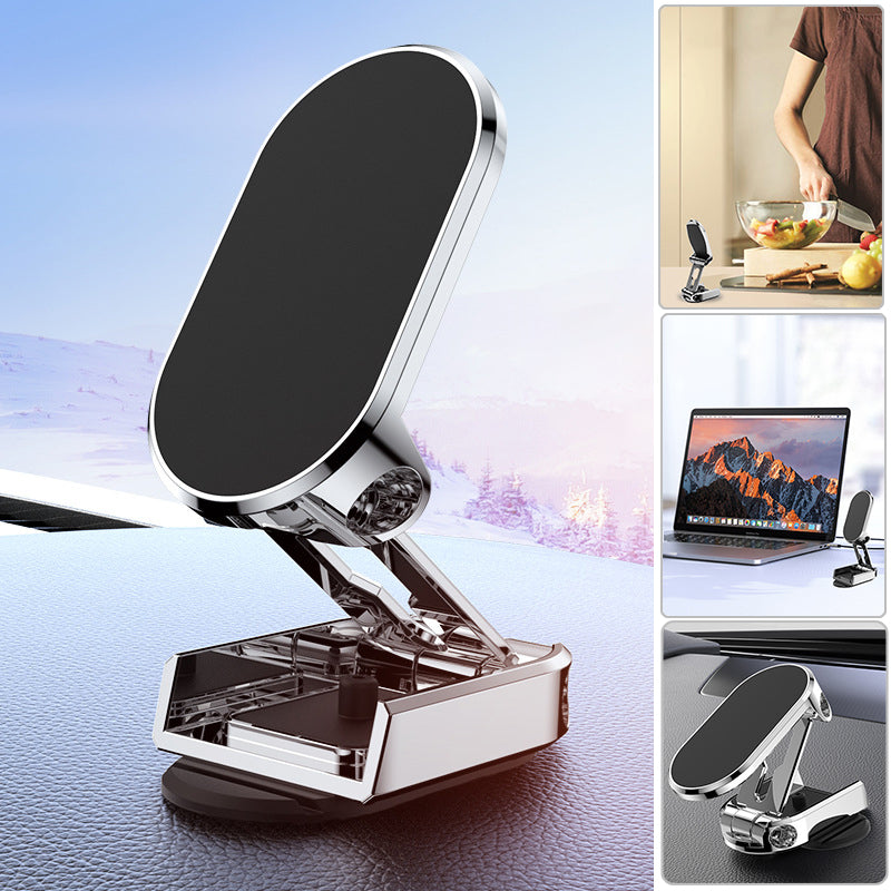 Foldbar metal bil telefonholder i sort, universel magnetisk fastgørelse, moderne og stilfuldt design.