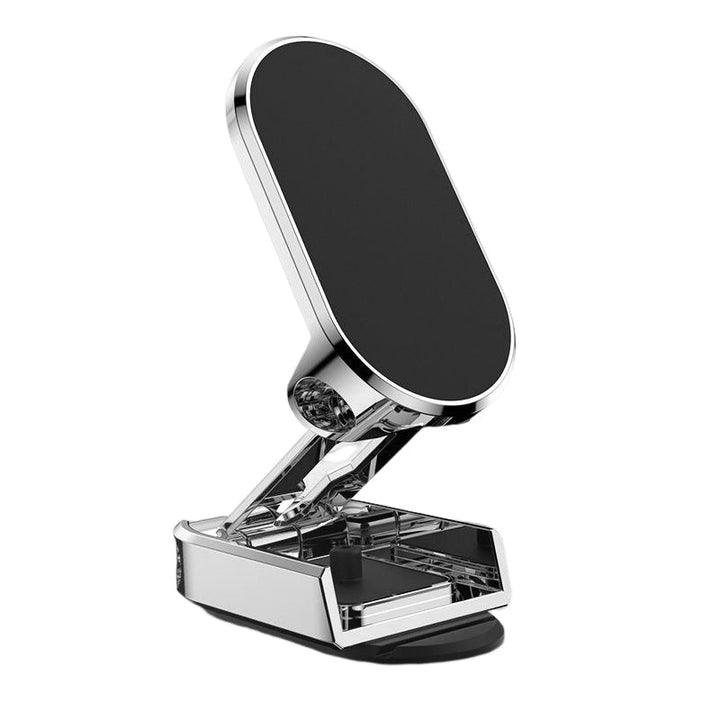 Foldbar metal bil telefonholder i sort, universel magnetisk fastgørelse, moderne og stilfuldt design.
