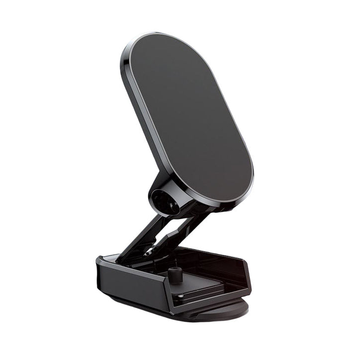 Foldbar metal bil telefonholder i sort, universel magnetisk fastgørelse, moderne og stilfuldt design.