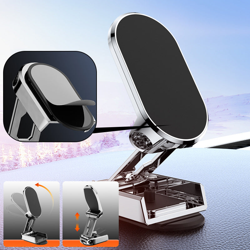 Foldbar metal bil telefonholder i sort, universel magnetisk fastgørelse, moderne og stilfuldt design.