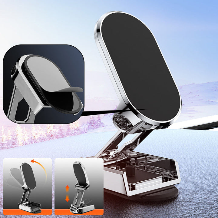 Foldbar metal bil telefonholder i sort, universel magnetisk fastgørelse, moderne og stilfuldt design.