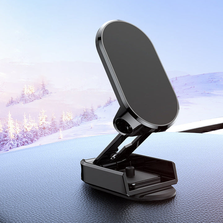 Foldbar metal bil telefonholder i sort, universel magnetisk fastgørelse, moderne og stilfuldt design.