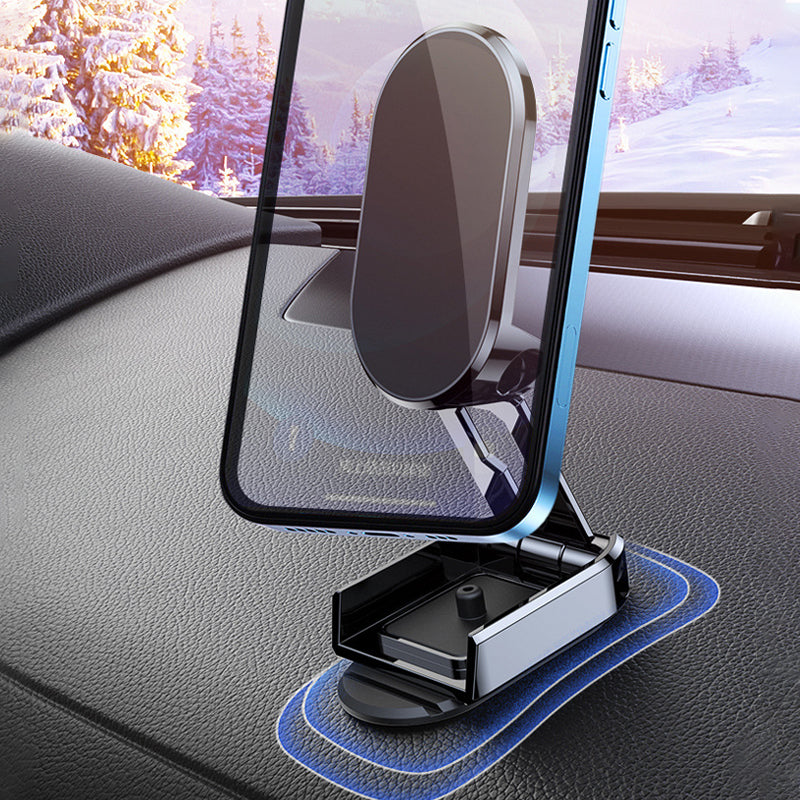 Foldbar metal bil telefonholder i sort, universel magnetisk fastgørelse, moderne og stilfuldt design.