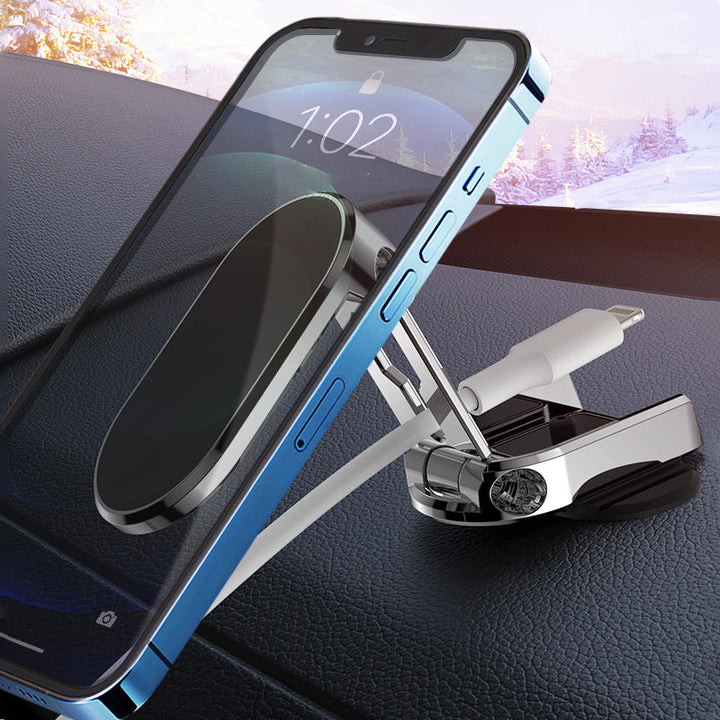 Foldbar metal bil telefonholder i sort, universel magnetisk fastgørelse, moderne og stilfuldt design.