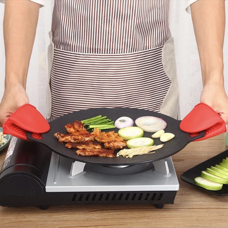 Non-stick rund 33cm grillpande, aluminium, konkavt design, velegnet til gas og åben ild