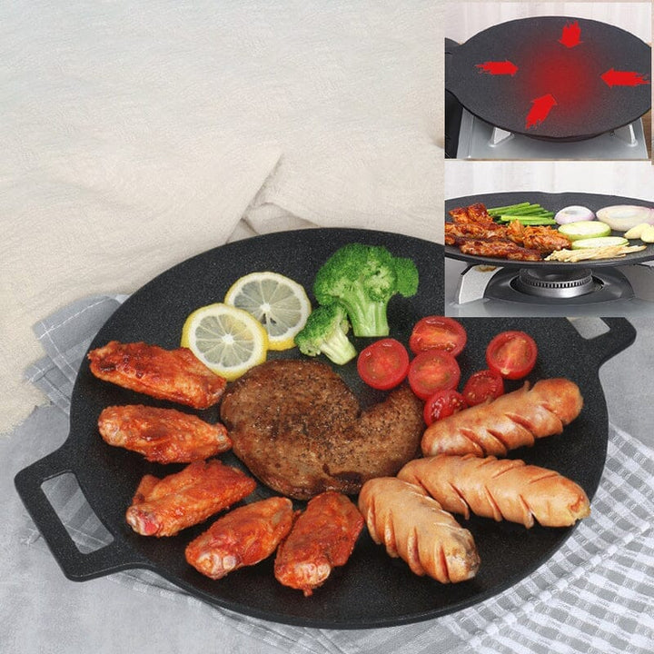 Non-stick rund 33cm grillpande, aluminium, konkavt design, velegnet til gas og åben ild