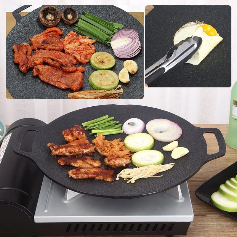 Non-stick rund 33cm grillpande, aluminium, konkavt design, velegnet til gas og åben ild