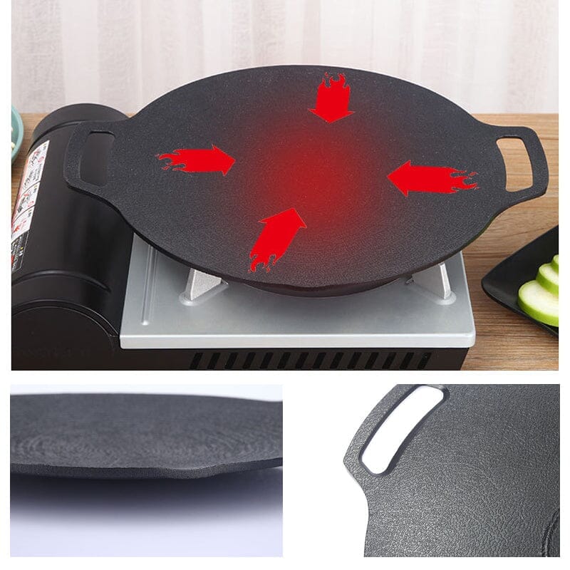Non-stick rund 33cm grillpande, aluminium, konkavt design, velegnet til gas og åben ild