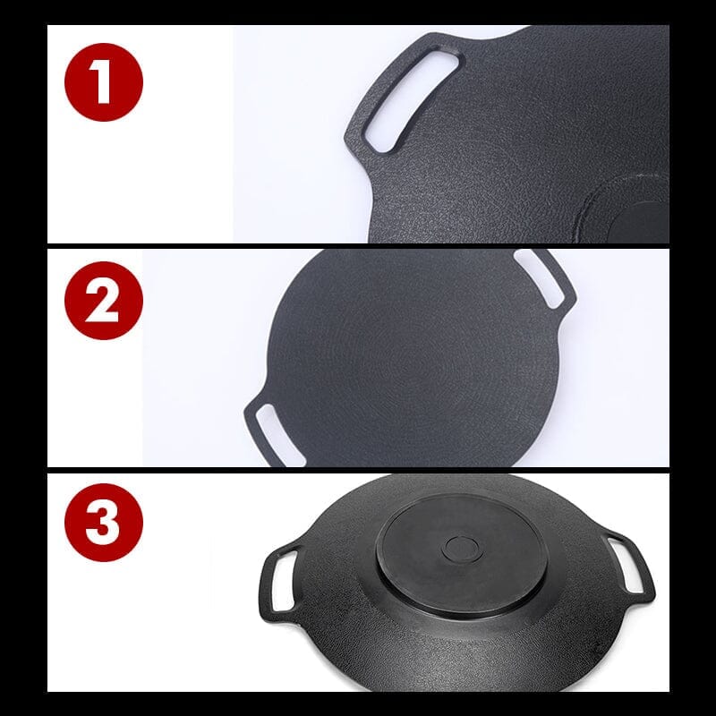 Non-stick rund 33cm grillpande, aluminium, konkavt design, velegnet til gas og åben ild