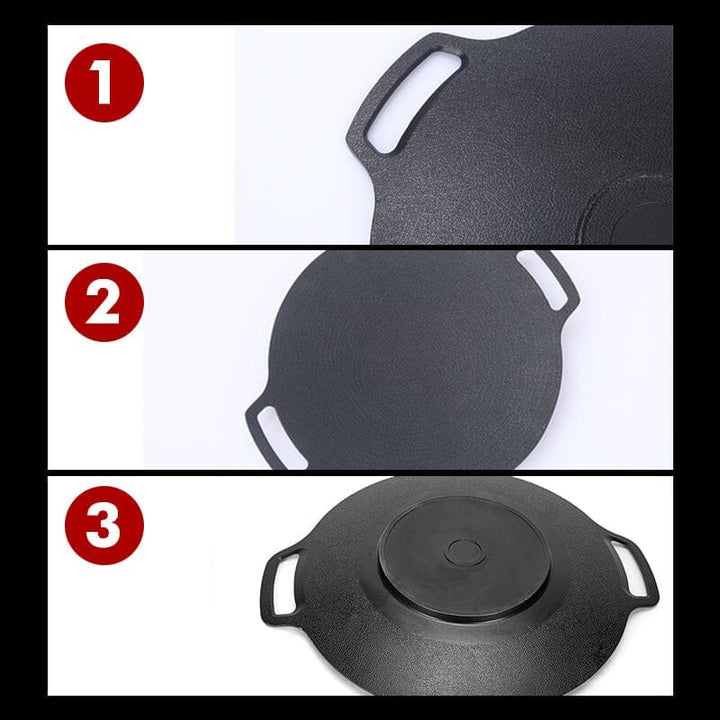 Non-stick rund 33cm grillpande, aluminium, konkavt design, velegnet til gas og åben ild