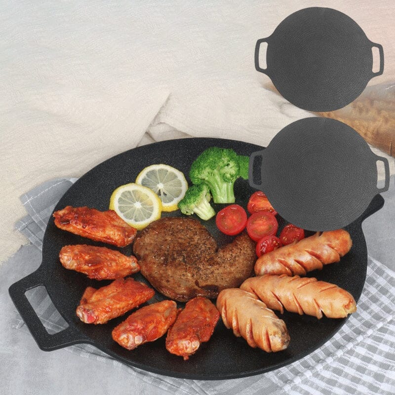 Non-stick rund 33cm grillpande, aluminium, konkavt design, velegnet til gas og åben ild