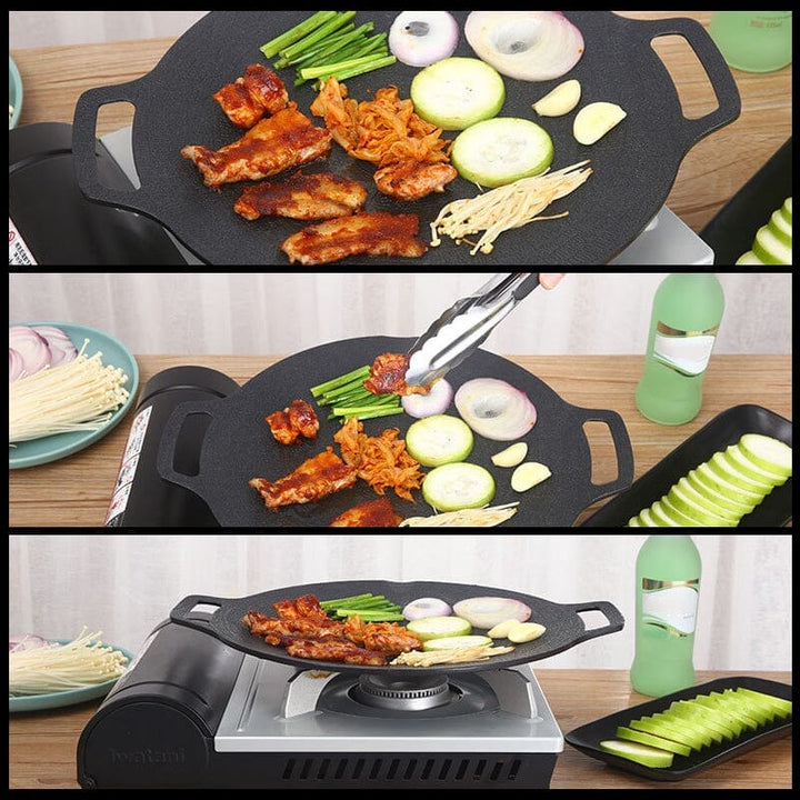 Non-stick rund 33cm grillpande, aluminium, konkavt design, velegnet til gas og åben ild